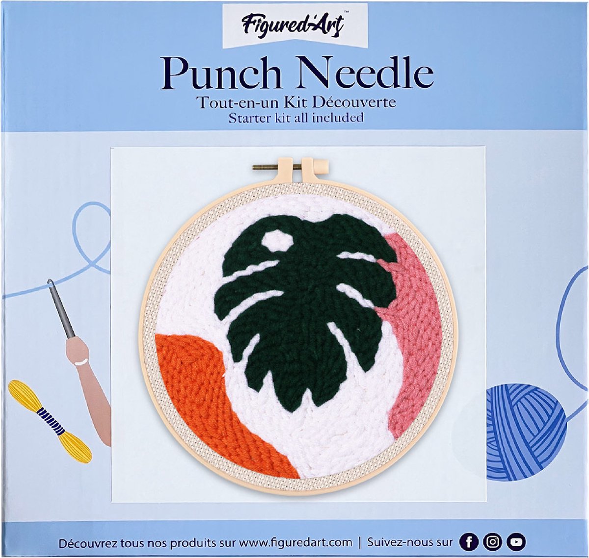 FiguredArt Punch Needle Kit voor Volwassenen en Kinderen - Groot groen blad - Perfect voor Beginners. Compleet klaar-om-te-borduren set, maat 20x20 cm met ronde frame
